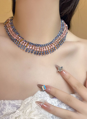 重工奢华混搭彩色水晶宽版项链
