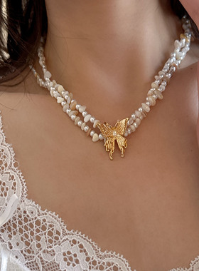 镶钻蝴蝶异形不规则珍珠双层项链