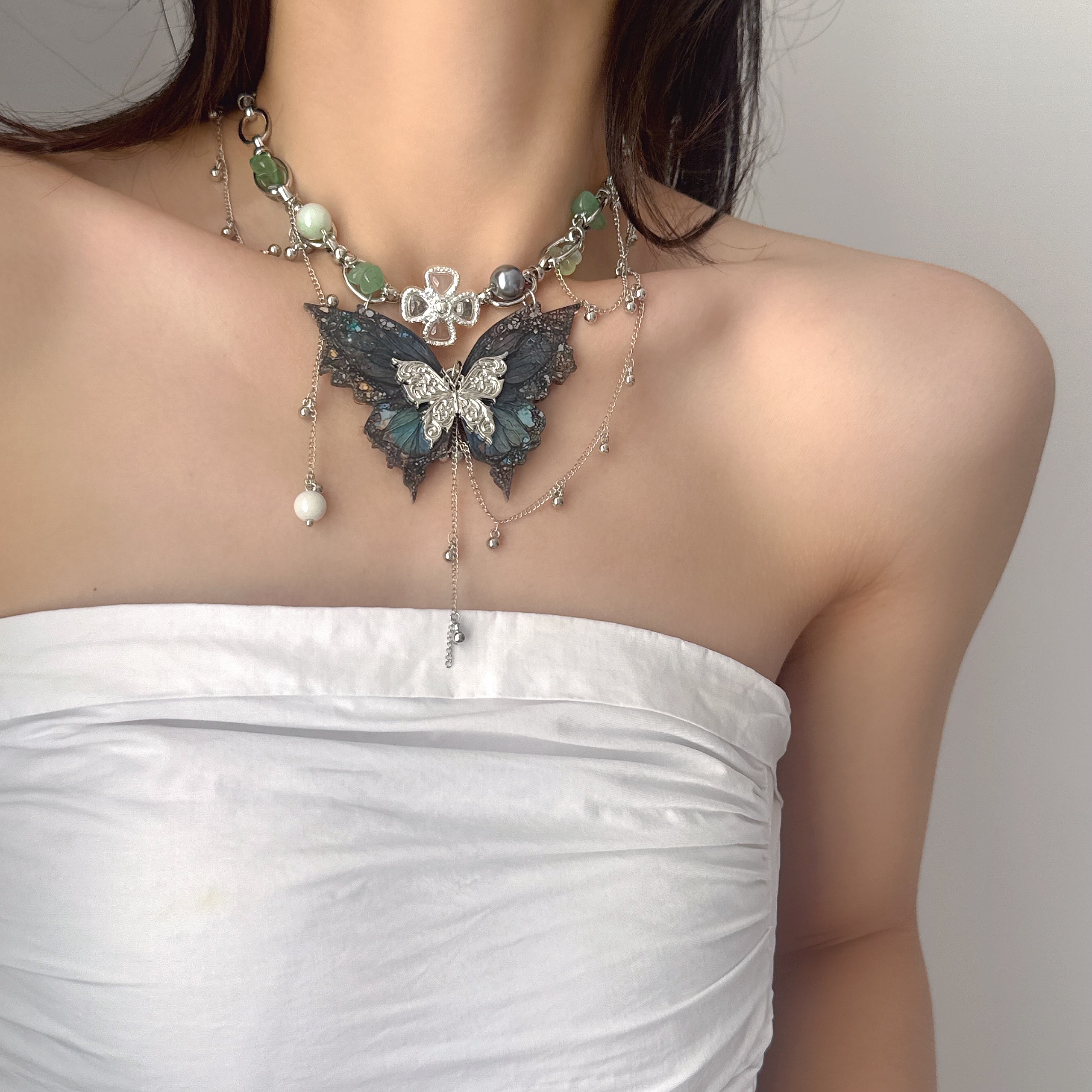 夸张甜酷深蓝大蝴蝶流苏项链女