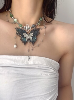 夸张甜酷深蓝大蝴蝶流苏项链女
