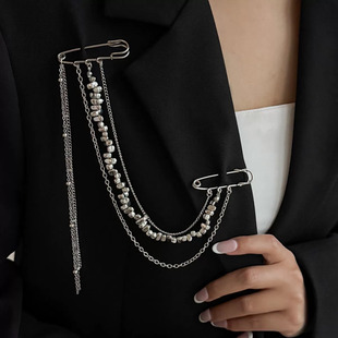 暗黑时髦高级碎银闪亮金属链双头别针流苏胸针男女时尚银色胸花
