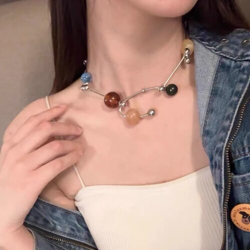 多巴胺彩色天然石串珠项链choker