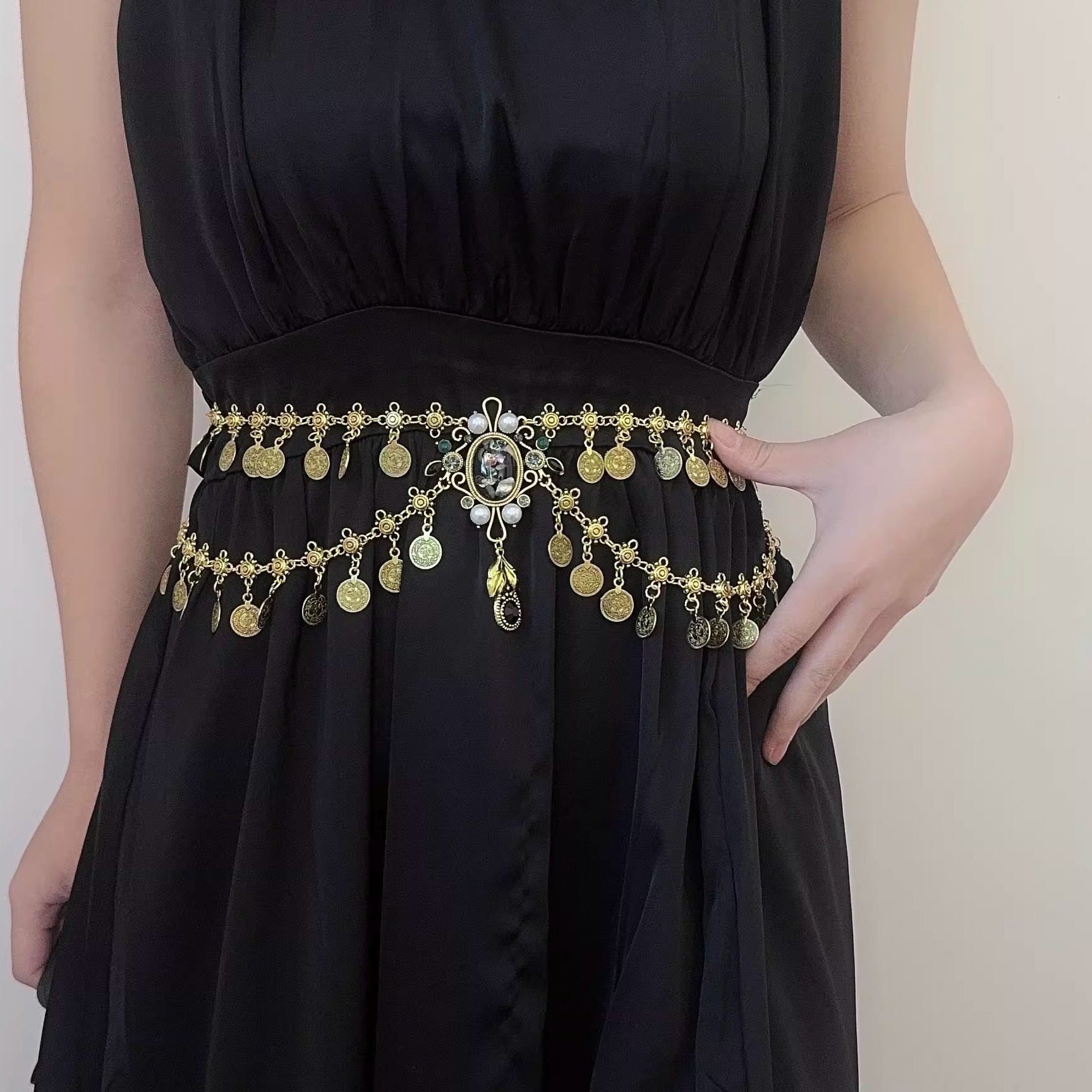 波西米亚复古民族风镶钻宝石流苏钱币腰带腰饰女身体链演出细腰链