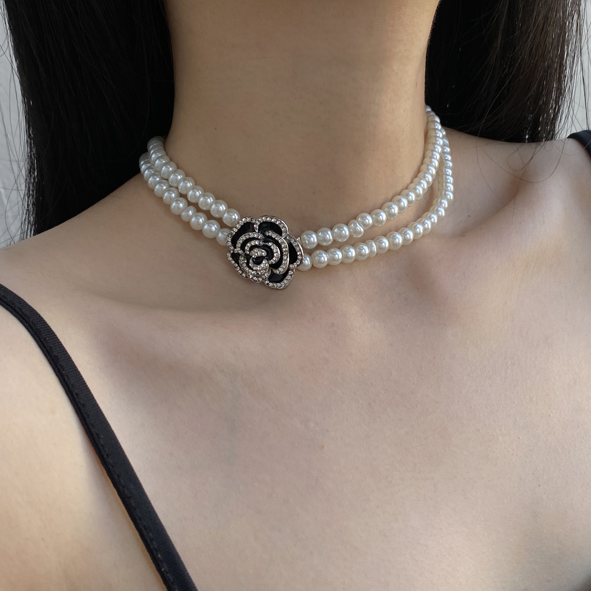 金属双层女镶钻山茶花朵项链