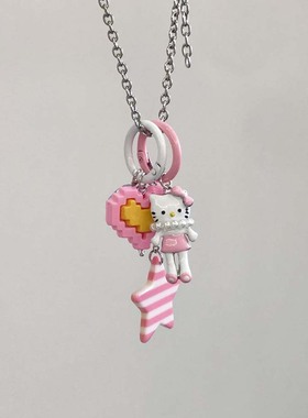 少女多巴胺粉色卡通猫爱心项链