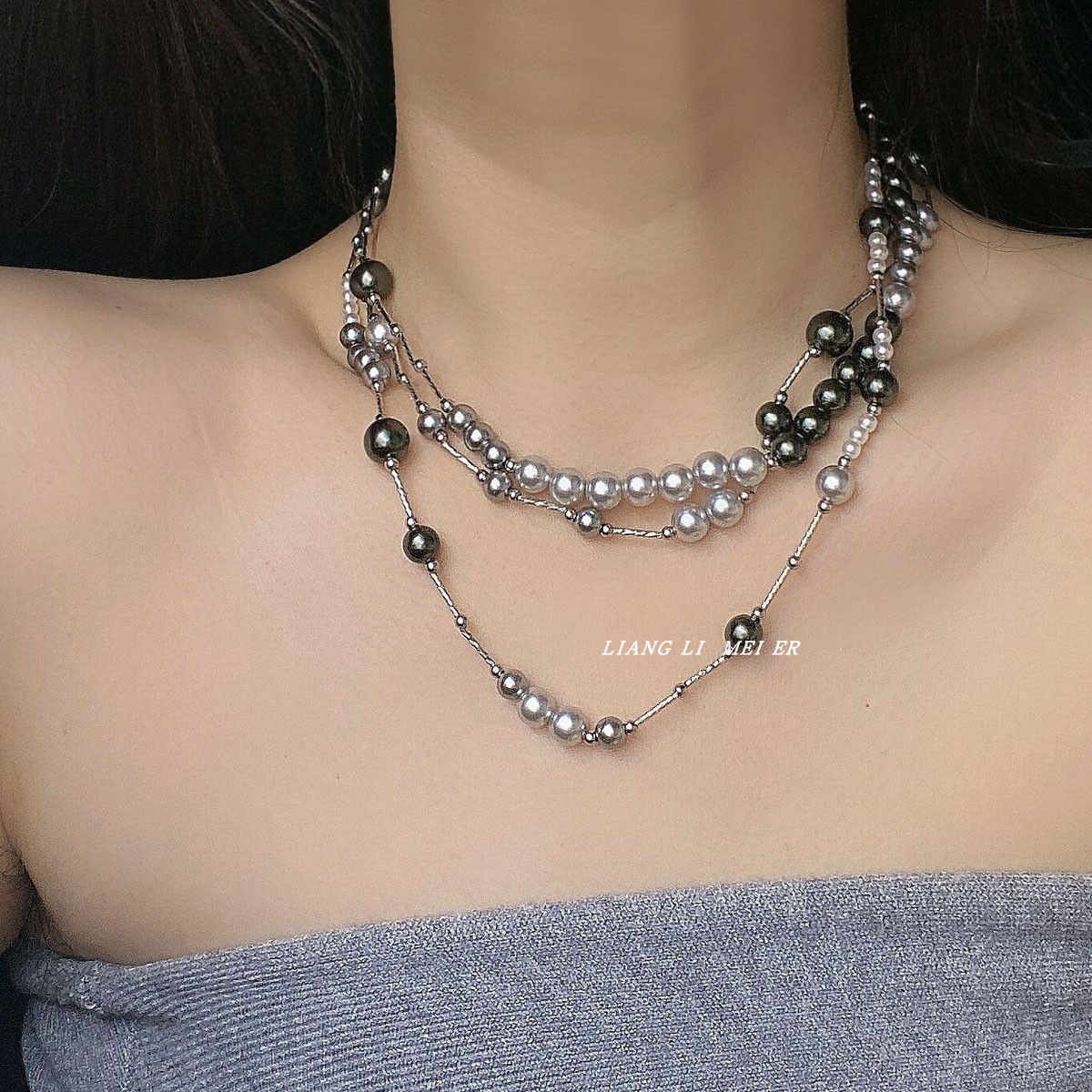 珍珠拼接多层女灰珍珠毛衣链项链