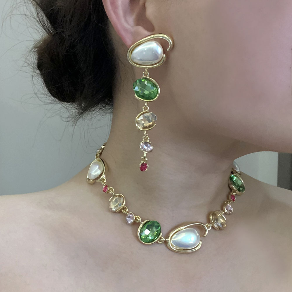 中古风彩色水晶异形珍珠项链女