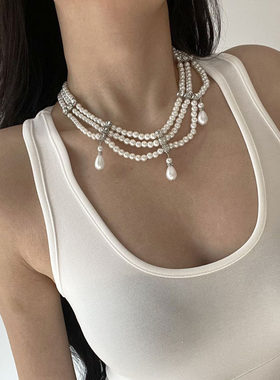 水滴流苏镶钻多层仿珍珠项链女