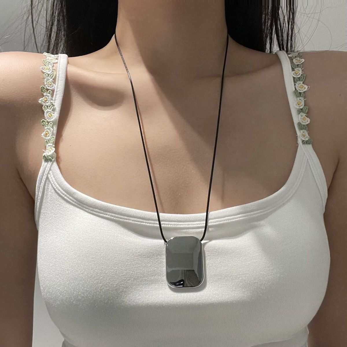 几何简约方形镜面吊坠项链毛衣链