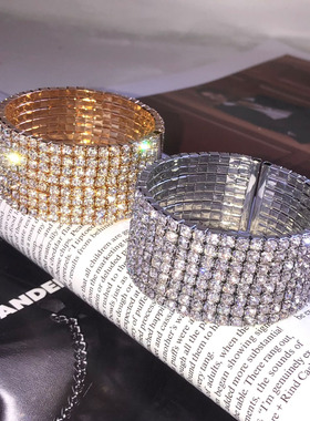夸张宽版爆闪满钻开口手镯手环女