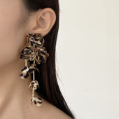 复古布艺斑点豹纹花朵流苏耳环女高级感时尚 气质长款 优雅百搭耳饰