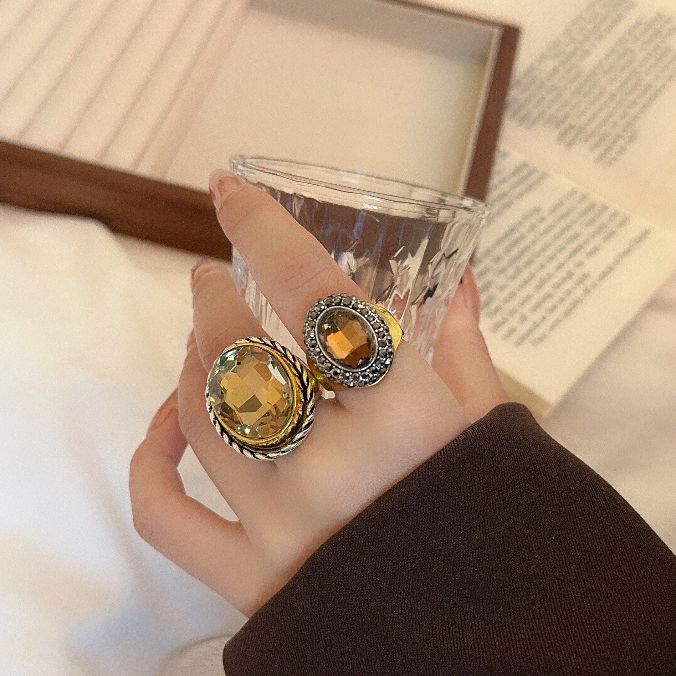 茶色水晶中古vintage宝石开口戒指女款复古食指戒轻奢高级感指环