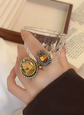 茶色水晶vintage宝石开口戒指女