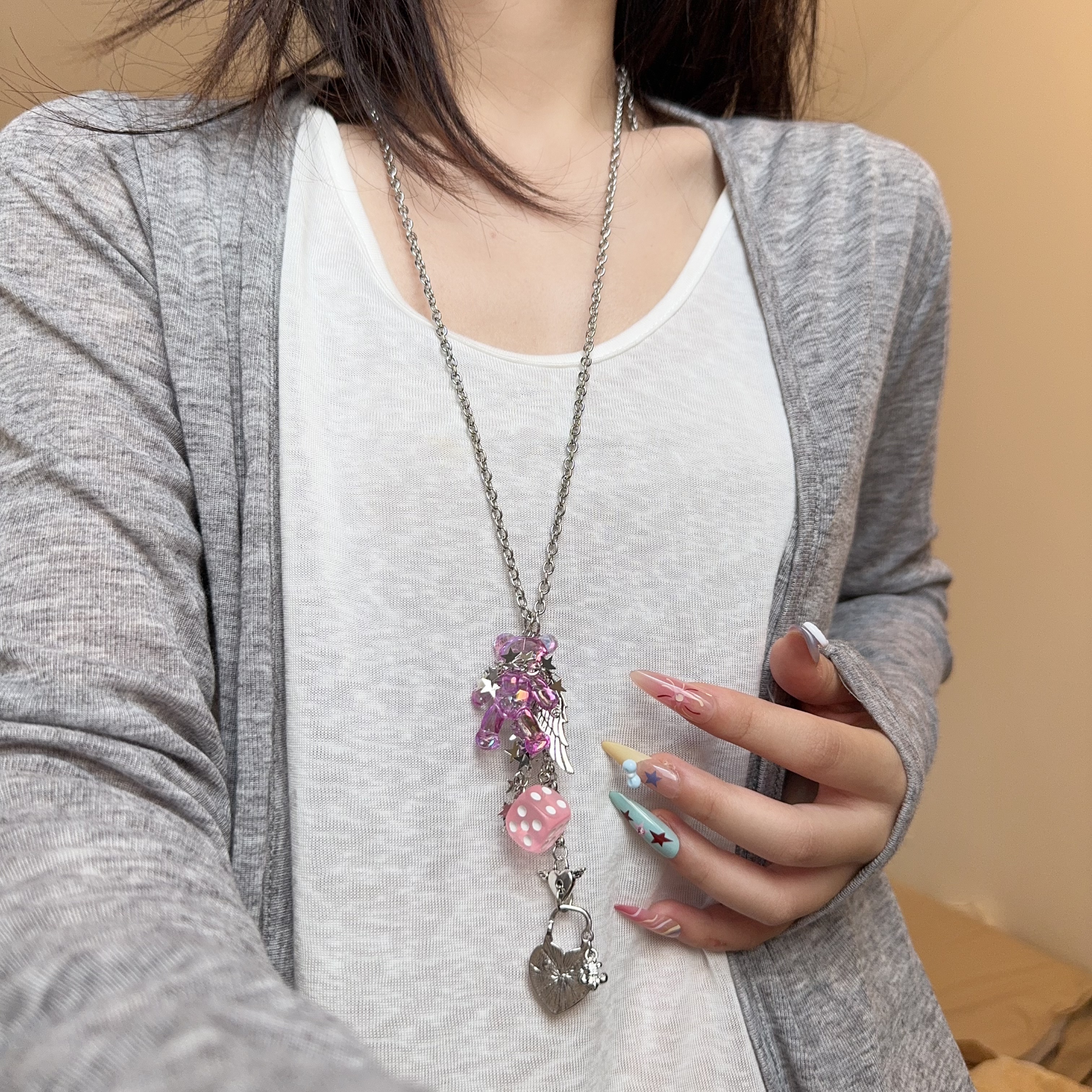 多元素紫色小熊爱心骰子吊坠项链