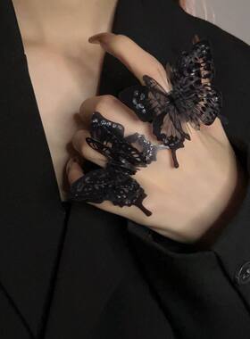 女树脂夸张黑色蝴蝶戒指指环