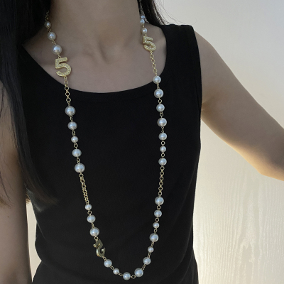 金属珍珠串珠5字长款项链毛衣链