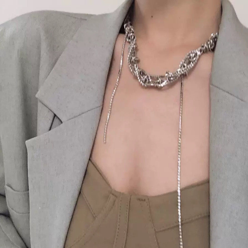 欧美风朋克粗链不规则镶钻缠绕锁骨项链女冷淡风链条短款流苏颈链