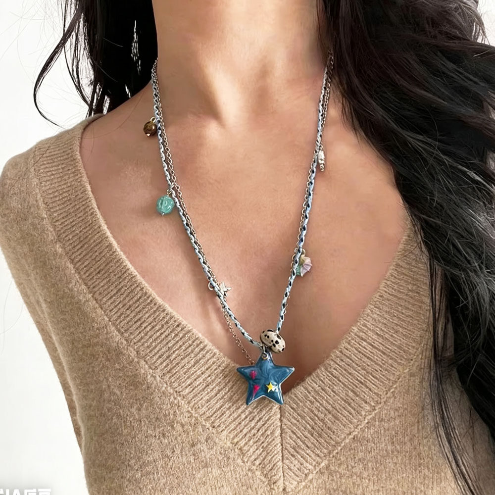 蓝色画油星星吊坠手工编织绳长款项链女甜酷少女气质百搭锁骨链