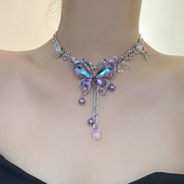 紫色镶钻水晶蝴蝶流苏链条锁骨项链女甜酷氛围感多巴胺颈链配饰潮