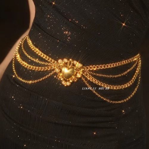 女金属复古爱心流苏多层腰链腰带