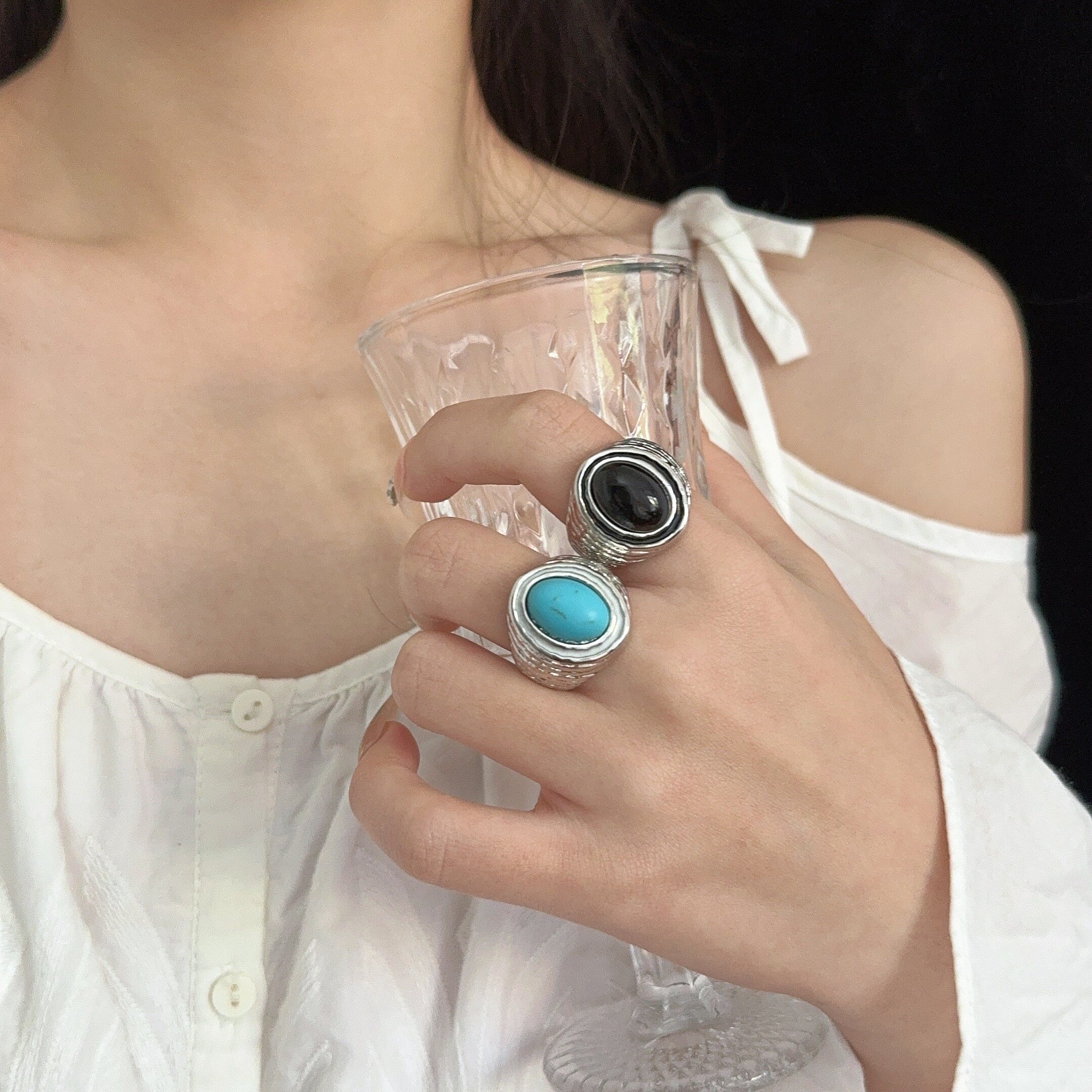 欧美复古天然宝石开口戒指女高端轻奢小众设计气质高级感指环配饰