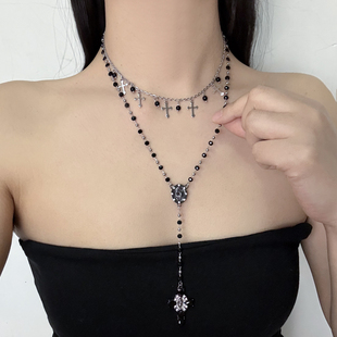 甜酷辣妹十字架黑晶石串珠项链女暗黑哥特朋克叠戴长款锁骨链颈链