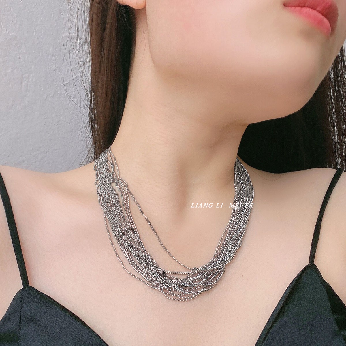 钛钢多层细女圆珠流苏锁骨项链