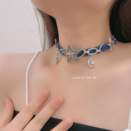 金属链牛仔布女五角星流苏锁骨链
