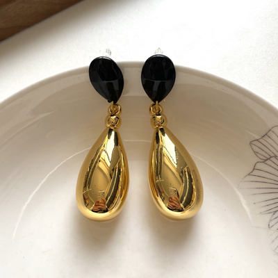 黑金耳环女几何大水滴赫本耳饰