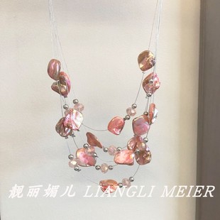 巴洛克异形珍珠多层粉不规则碎石项链女新款夸张小众叠戴锁骨颈链