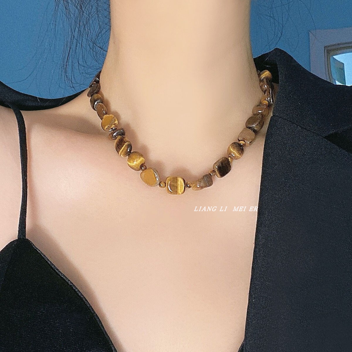 天然石串珠女虎眼石锁骨链