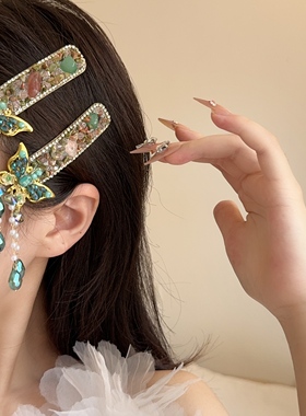 新中式复古绿色水晶蝴蝶流苏发夹刘海夹氛围感侧边夹超仙bb夹发饰