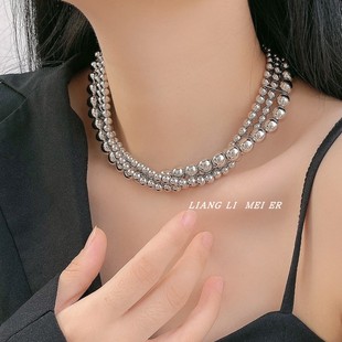 欧美气质银色金属球多层链条金属项链小众叠戴重工锁骨链卫衣链潮