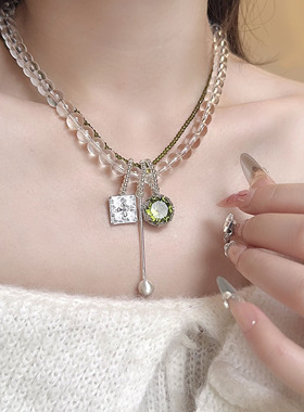 青提水晶串珠叠戴锆石流苏项链女