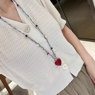 复古彩编织棉绳长款毛衣链拼接碎石红爱心项链编绳链串珠吊坠配饰