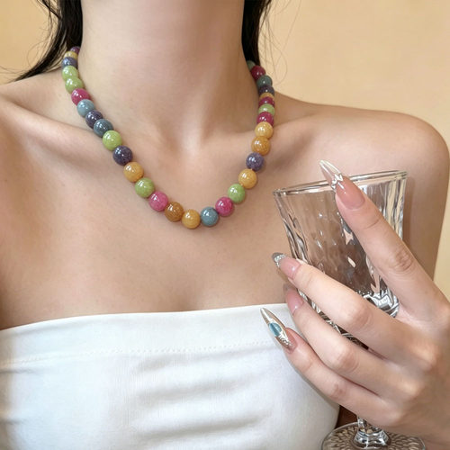 多巴胺彩色圆珠碧玺糖果色项链女