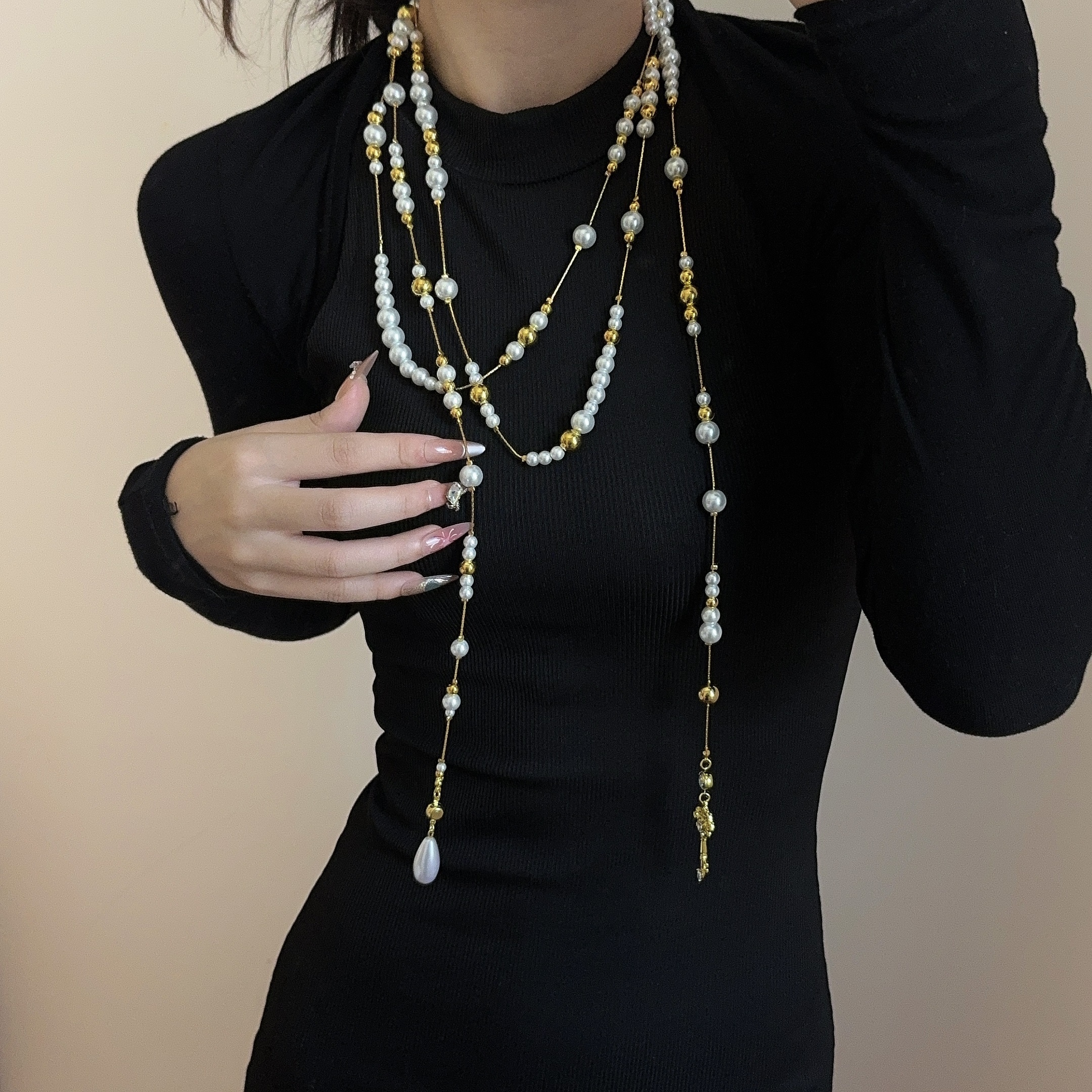 法式破碎仿珍珠多层串珠流苏项链