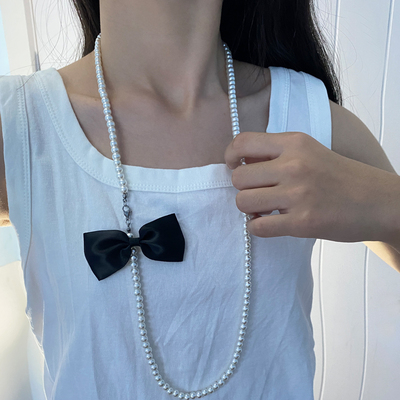 珍珠串珠女黑色蝴蝶结项链毛衣链