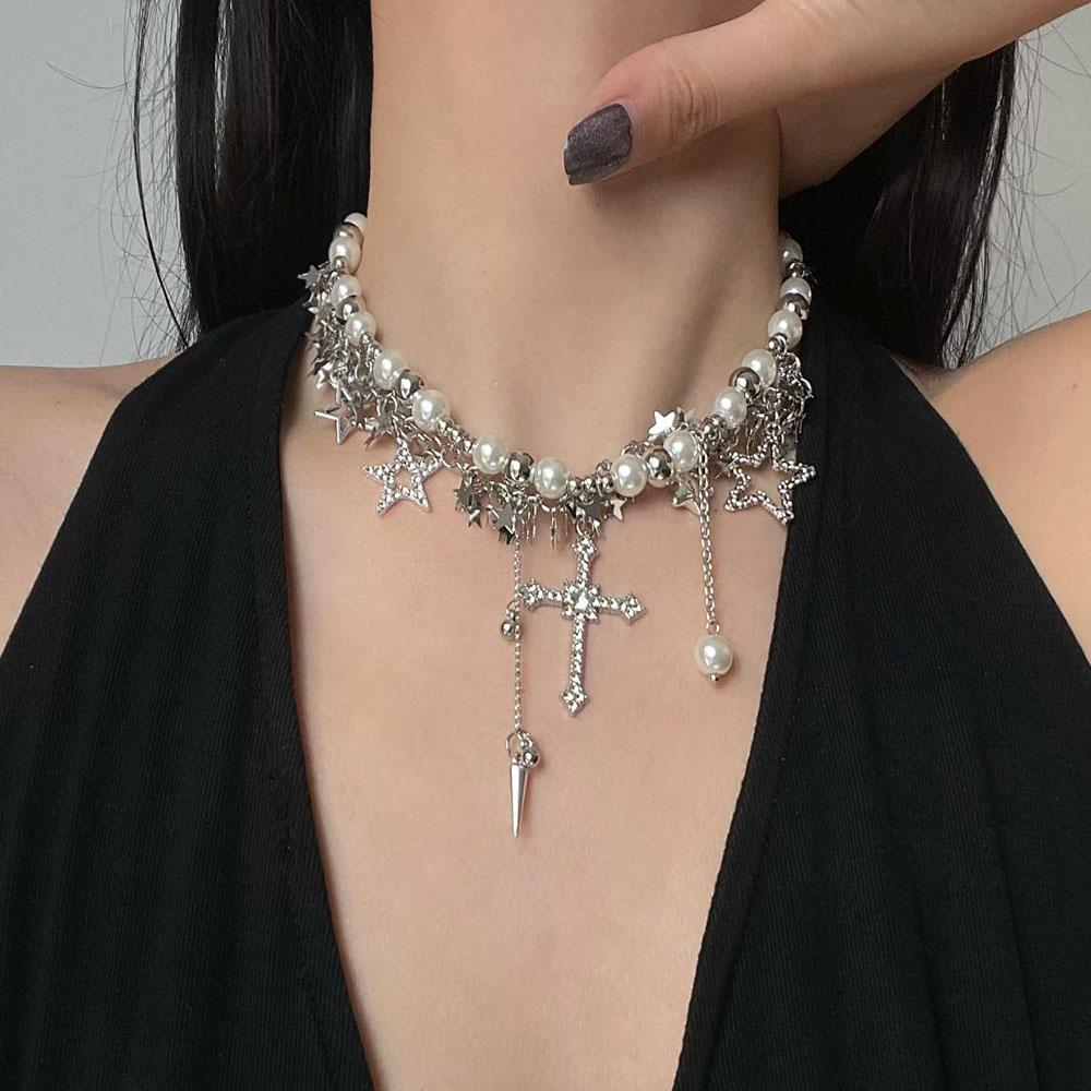 繁星珍珠流苏十字架项链锁骨链女