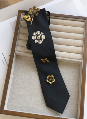 中古vintage黑色布艺复古合金花朵领带项链女老钱风系脖领巾配饰