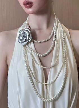 银山茶花朵气质多层珍珠叠戴项链