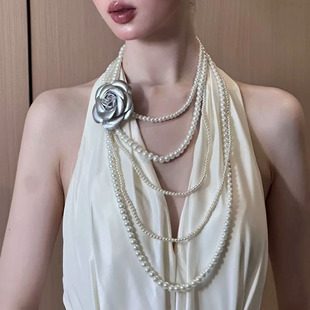 vintage银山茶花朵气质多层珍珠叠戴项链女法式时尚优雅长毛衣链