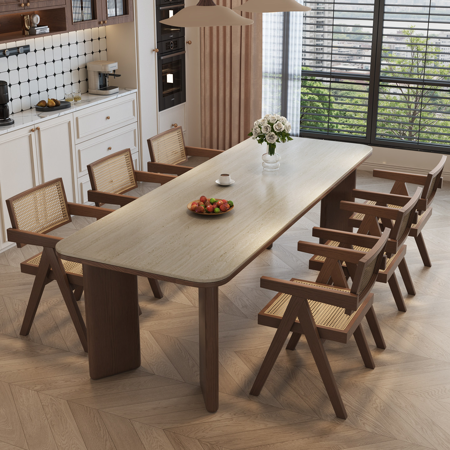 法式中古实木餐桌奶茶餐饮店商用简约长方形2026新款洞石岩板饭桌图片