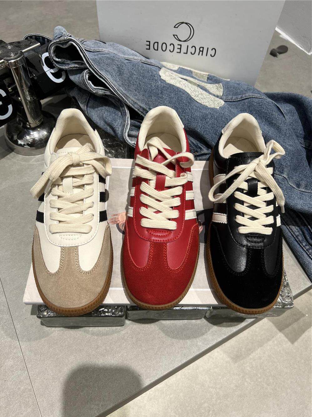 ig女鞋平底休闲低帮德训鞋运动鞋2023春秋新款真皮板鞋小白鞋圆头