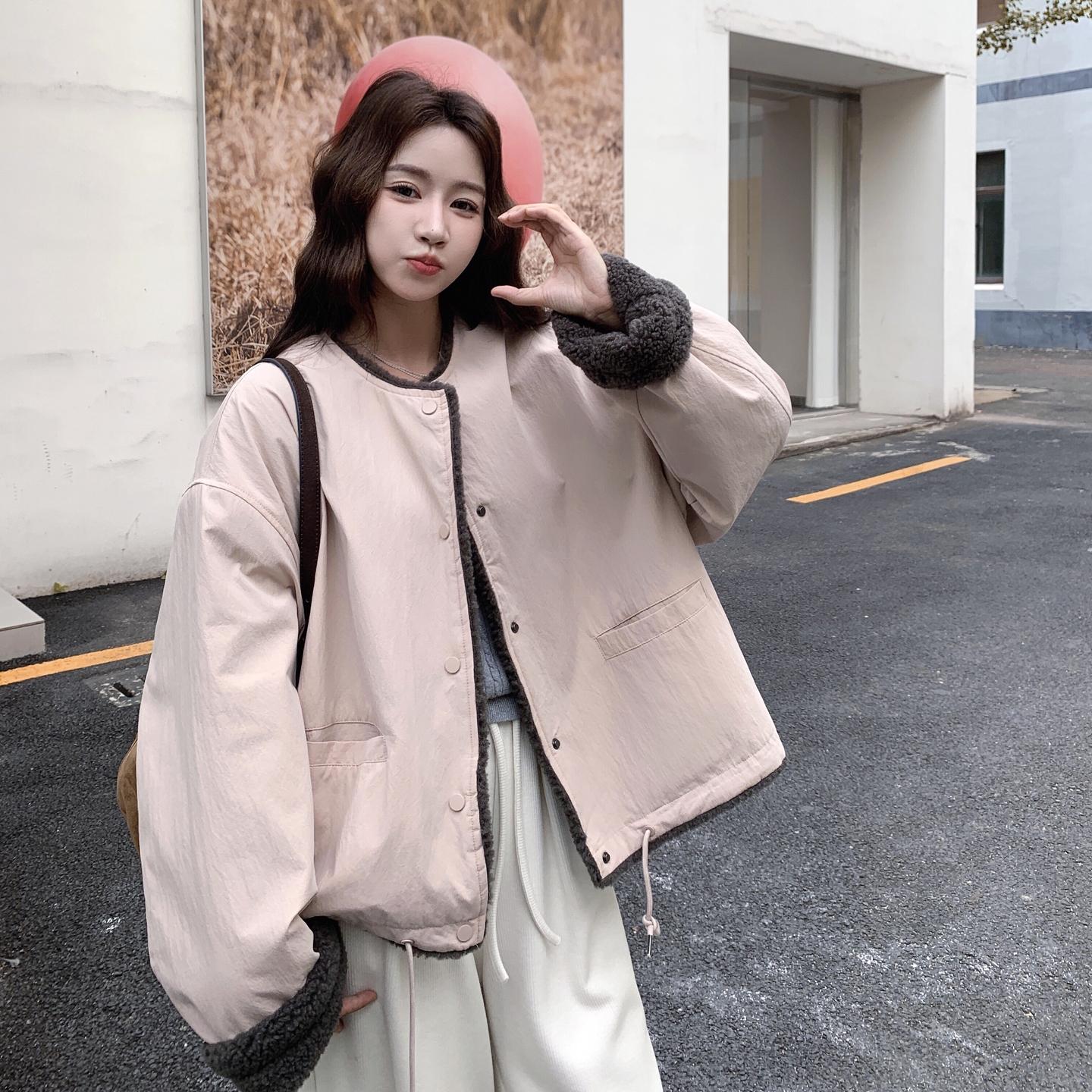 【新款现货】粉色羊羔毛拼接加厚外套2B236-2246-P185 控278