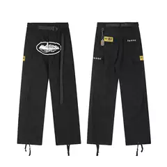 Alcatraz American-Style Multi-Pocket Side-Button Printed Cargo Pants Casual Black Straight-Leg Pants with Ribbons Trendy Hot Item