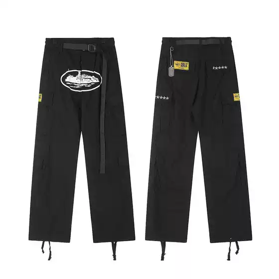 Alcatraz American-Style Multi-Pocket Side-Button Printed Cargo Pants Casual Black Straight-Leg Pants with Ribbons Trendy Hot Item