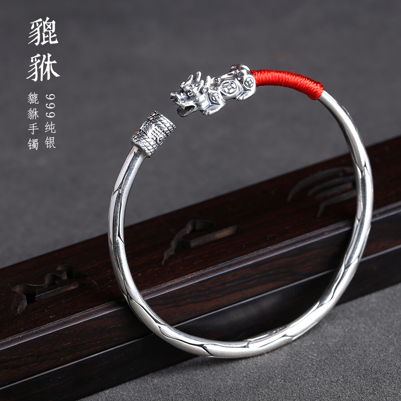 纯银貔貅手镯足银镯子六字真言经文复古实心缠红绳原创设计礼物
