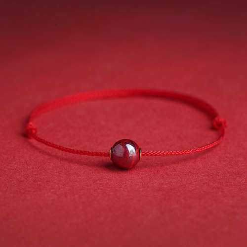 原石原矿朱砂圆珠红绳手链