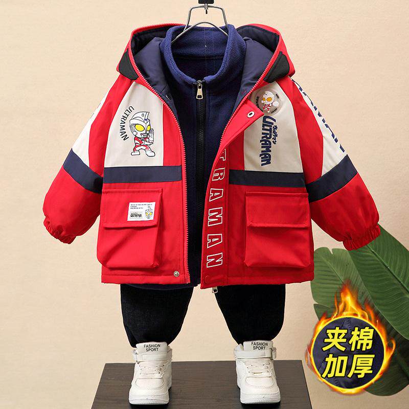 奥特曼男童冲锋衣三合一可拆卸儿童秋冬外套男孩加厚冬装棉服上衣